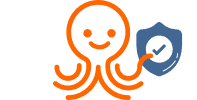 Polvo laranja segurando em seu tentáculo um escudo azul com o símbolo de verificado em branco