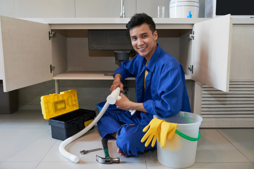 Profissional encanador segurando instrumentos essenciais à sua função e sorrindo