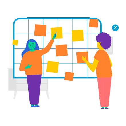 Ilustração com duas mulheres colando post-its em um quadro branco